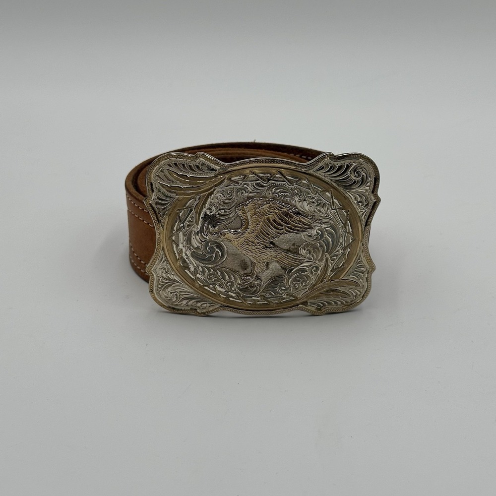 Vintage Montana Silversmiths Eagle Belt Buckle Silver Plate Western Leather Belt